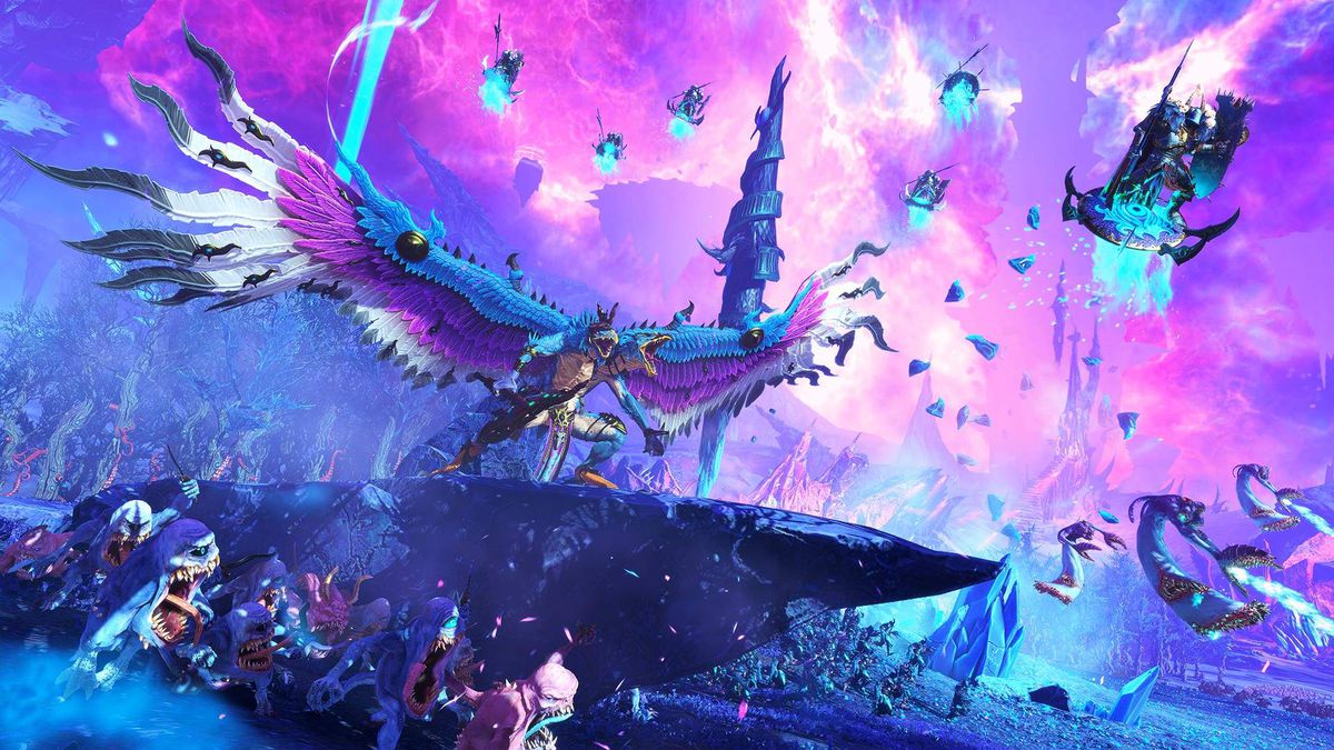 Total War: Warhammer 3 - An army of monsters under the command of the Chaos God Tzeentch pose intimidatingly across a purple and blue background