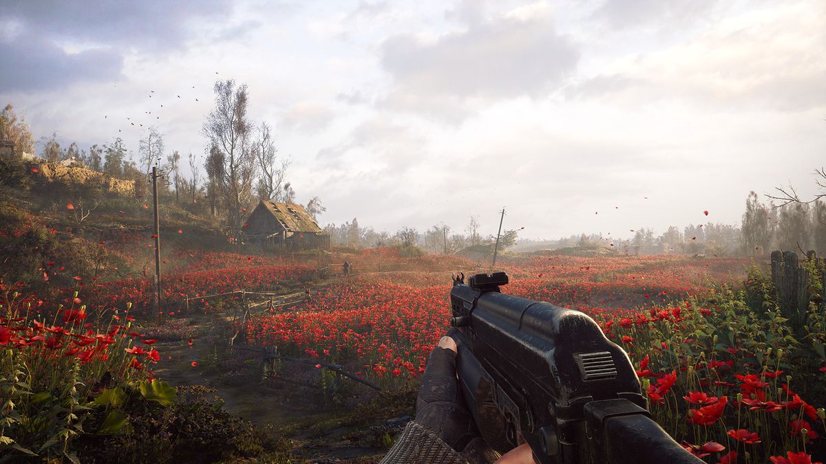 A character looks over a poppy field in a screenshot from STALKER 2: Heart of Chernobyl