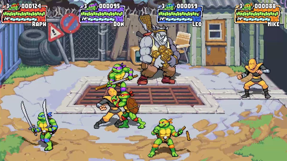 The ninja turtles fight the Foot and Rocksteady in a still from Teenage Mutant Ninja Turtles: Shredder’s Revenge