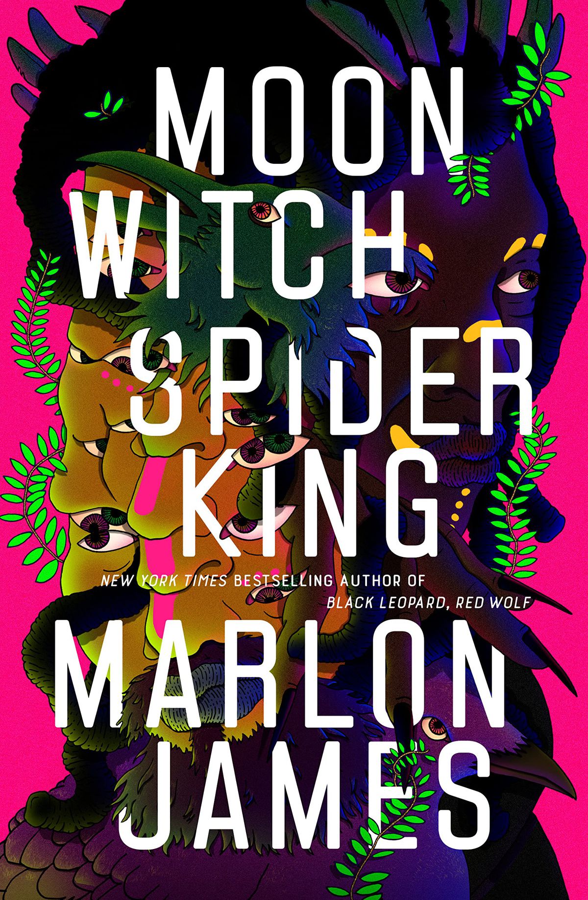 The cover for Moon Witch, Spider King showing a collaged graphic against a bright pink backdrop