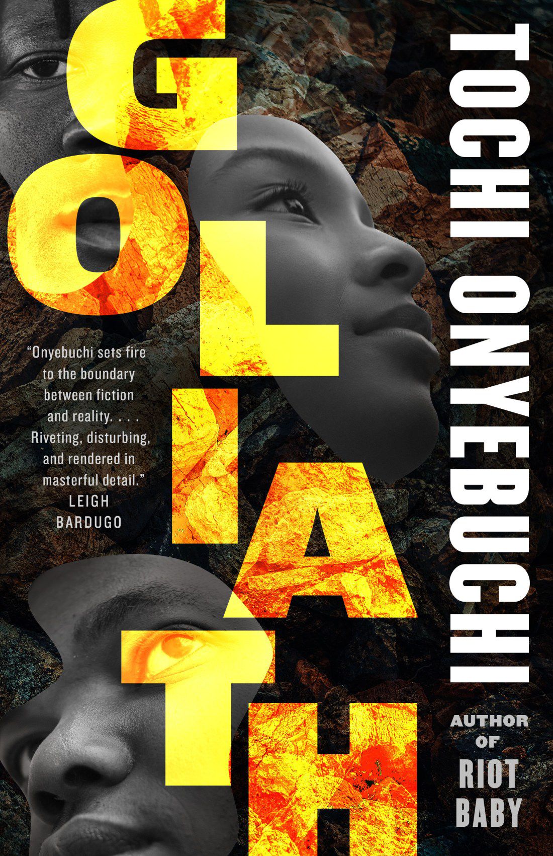 La copertina di Goliath mostra un testo in grande blocco davanti ad alcune immagini del profilo di una donna di colore