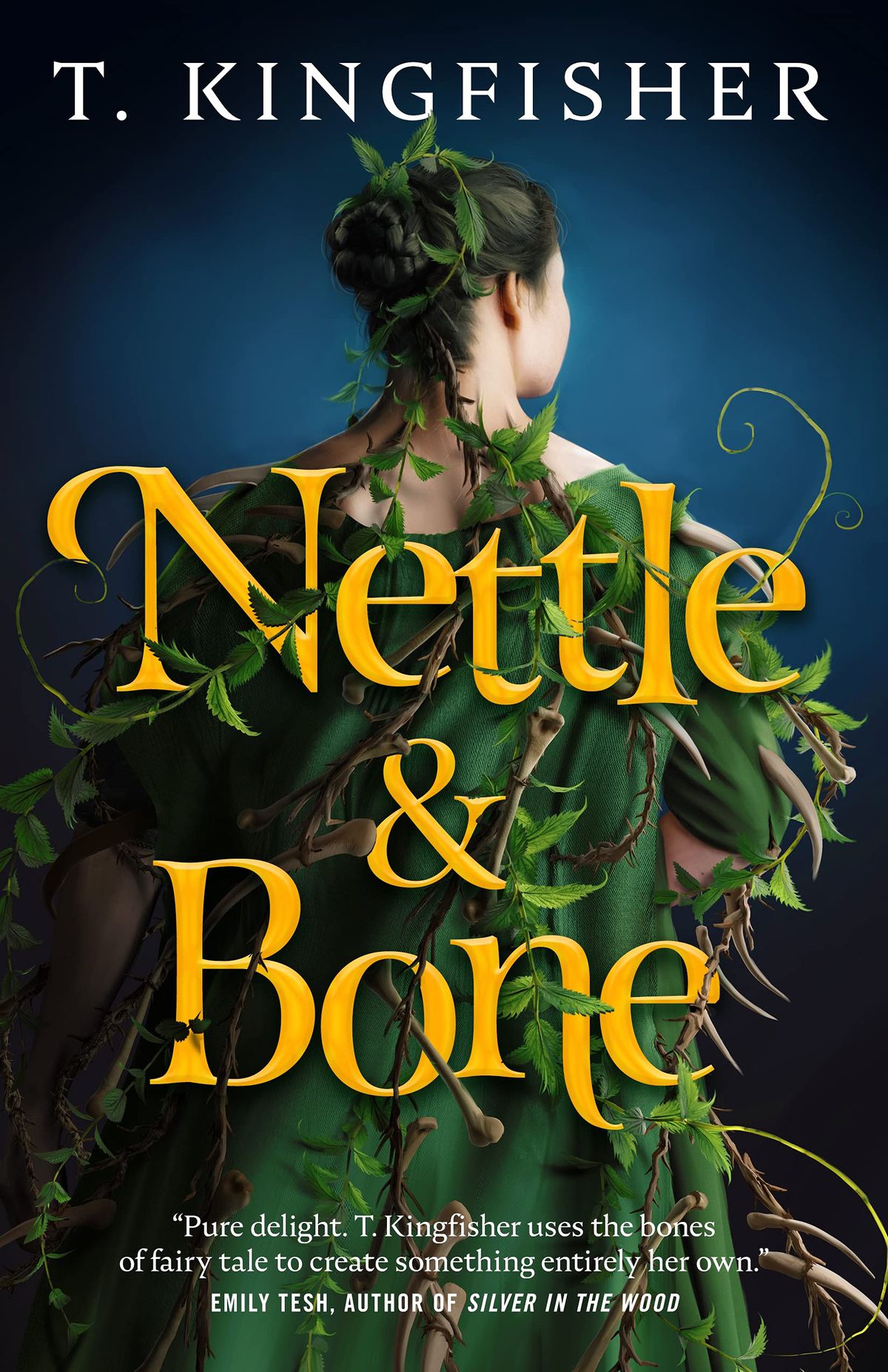 The cover for Nettle & Bone showing the back of a woman wearing green vines