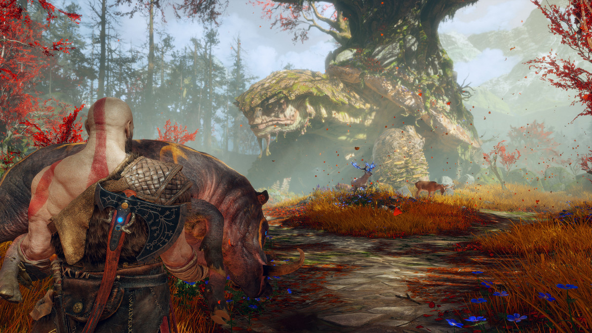 Kratos porta un cinghiale magico a una tartaruga in God of War PC