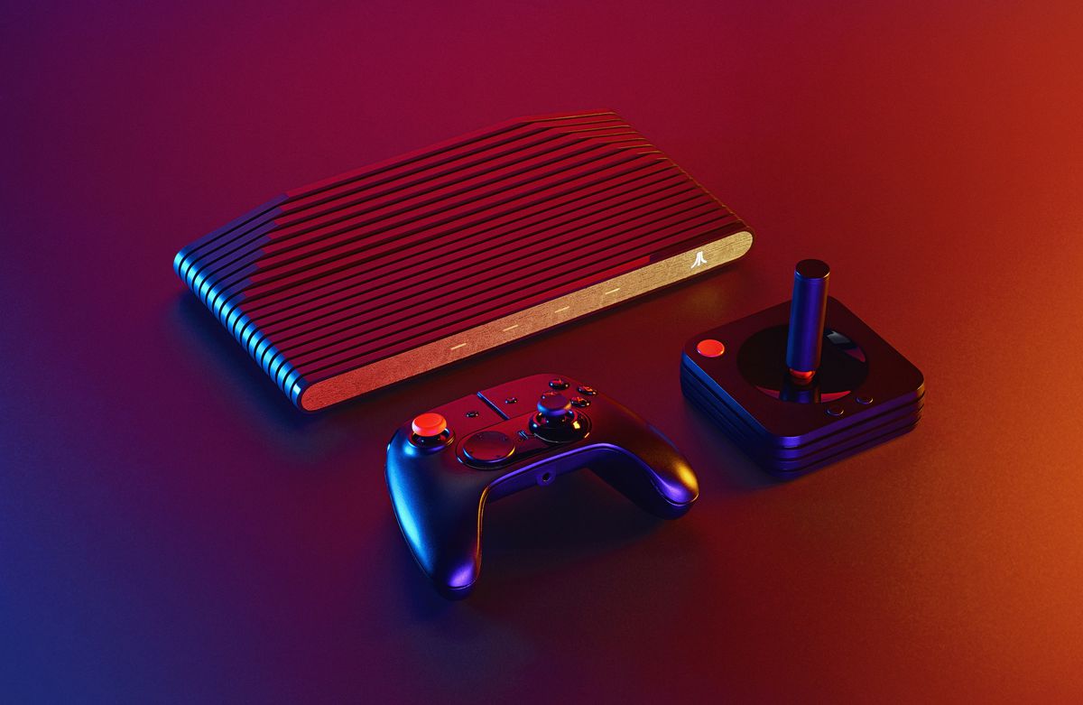 product shot showing the Atari VCS and its two controller types