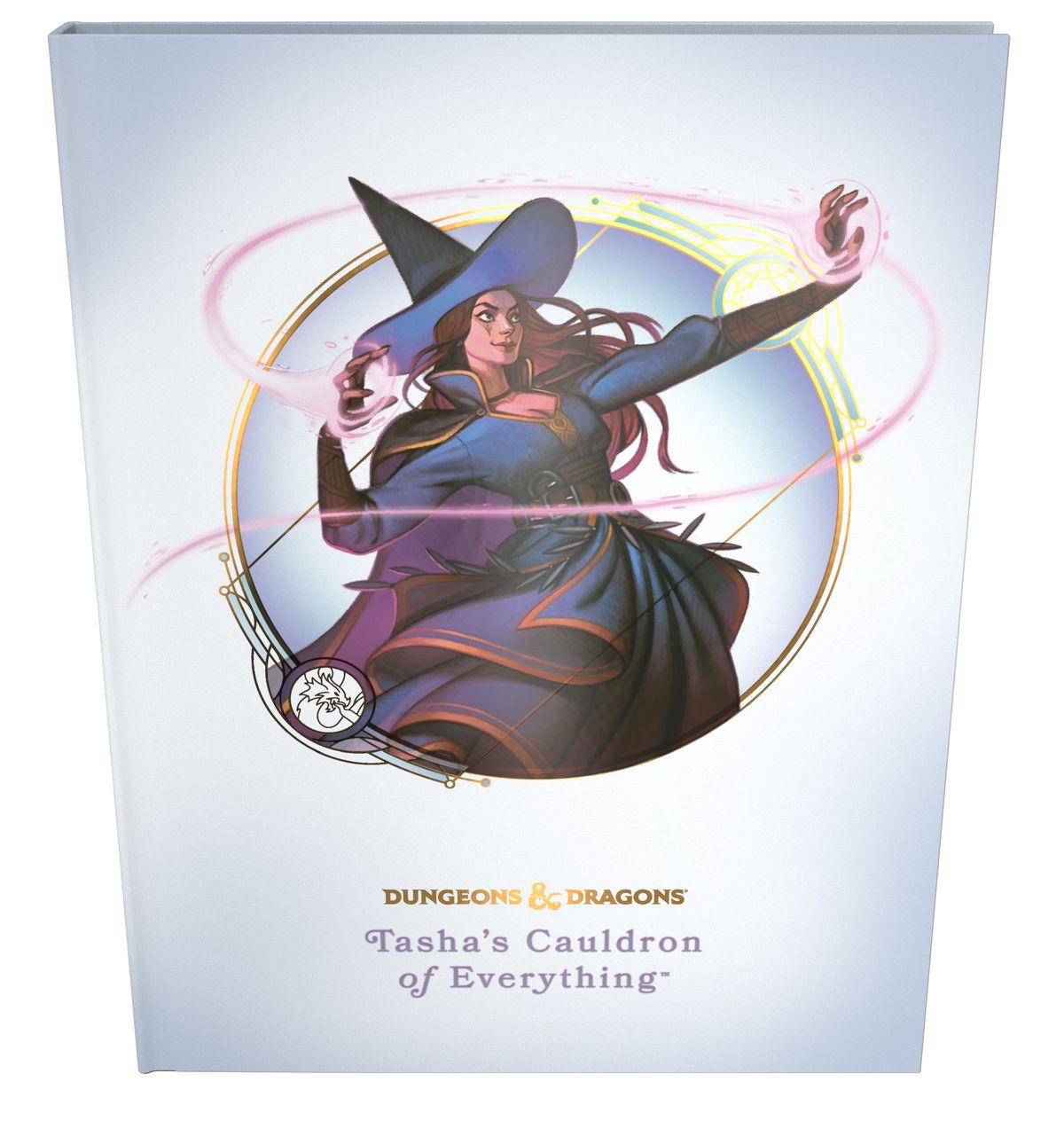 Copertina della Collector's Edition di Tasha's Cauldron of Everything, con sfondo bianco e lamina d'oro.