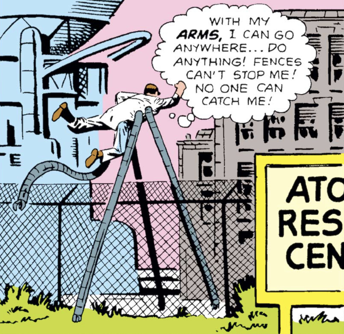 Fumetti di Spider-Man - Il dottor Octopus si lancia da un'alta recinzione in un centro scientifico.  Pensa: “Con le mie braccia posso andare ovunque... fare qualsiasi cosa!  Le recinzioni non possono fermarmi!  Nessuno può prendermi!