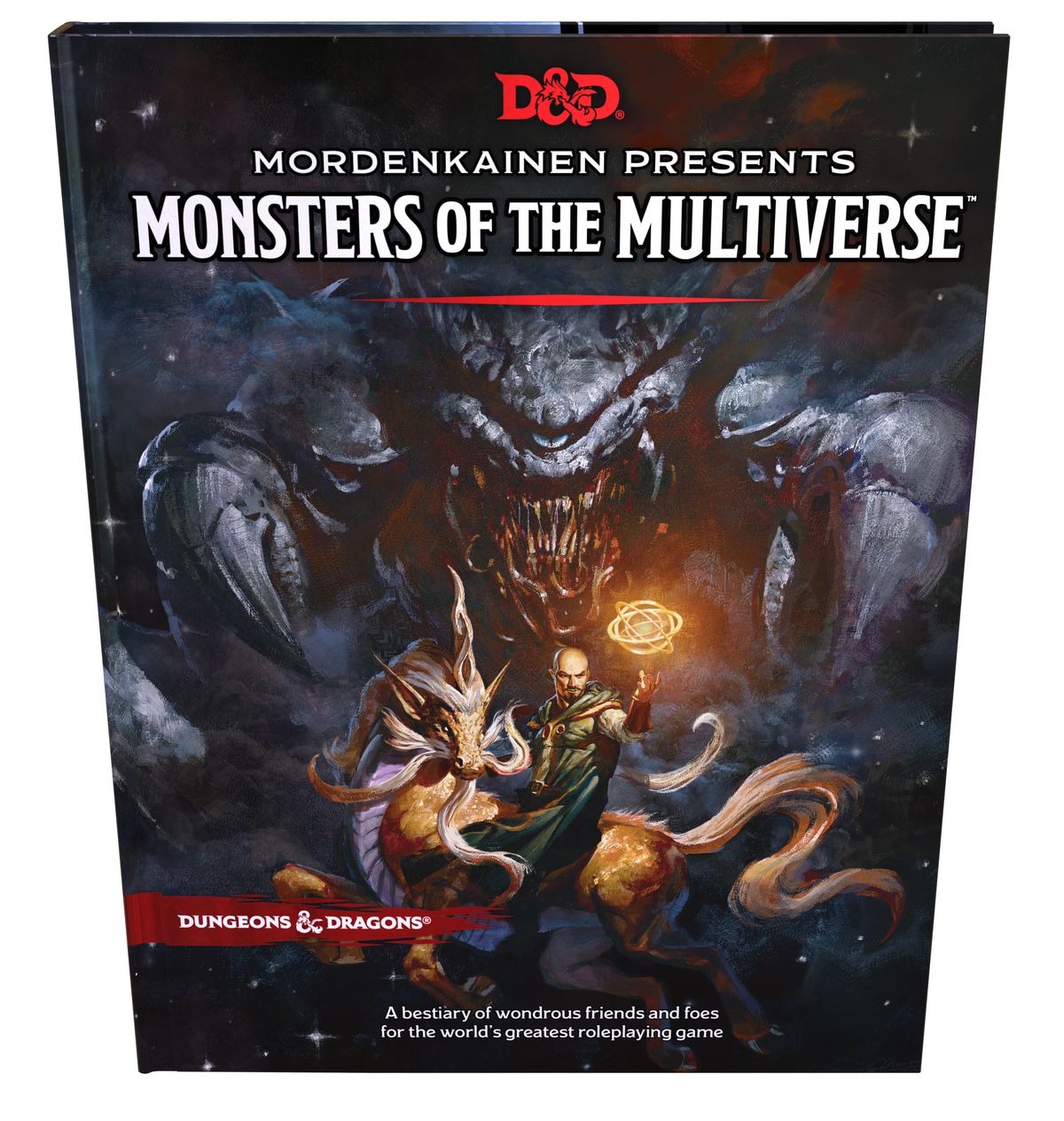 La copertina standard di Mordenkainen Presents Monsters of the Multiverse mostra l'uomo stesso che cavalca un unicorno spettrale.  Una bestia con un occhio solo si nasconde nell'ombra dietro di lui.