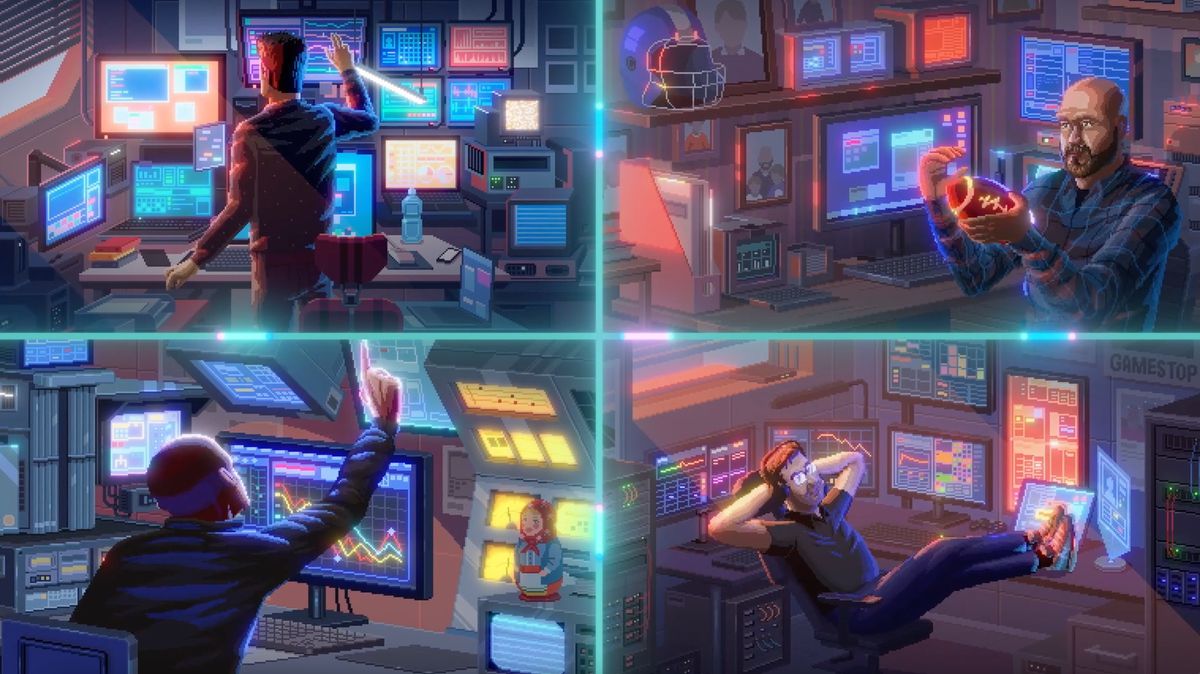 Quattro uomini davanti a banche di computer in una sequenza animata in stile 16 bit iper-dettagliata da GameStop: Rise of the Players