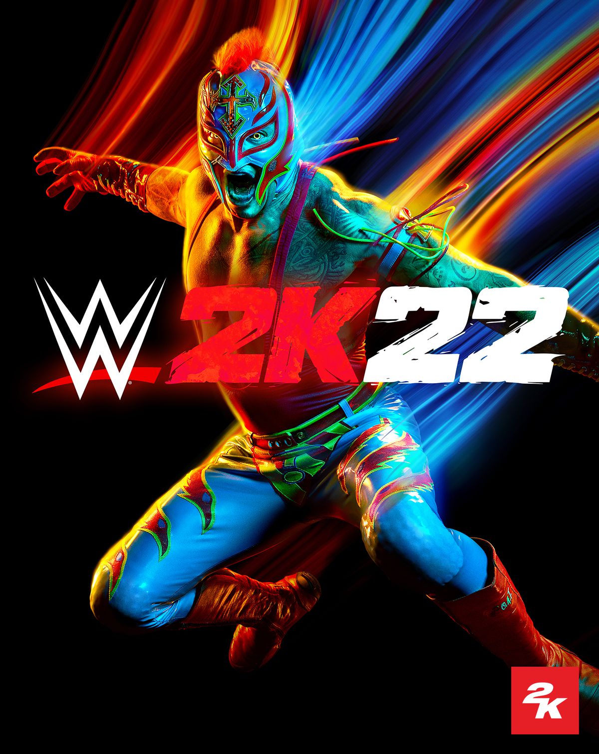 copertina di WWE 2K22 che mostra Rey Mysterio in procinto di colpire