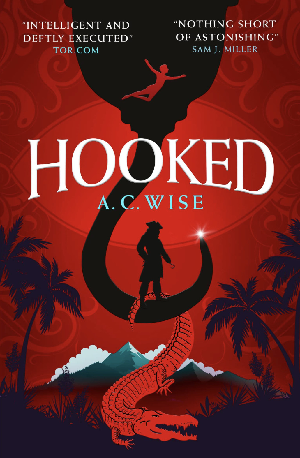 The cover for Hooked which shows an illustration of a pirate standing in the crook of a large hook above a crocodile