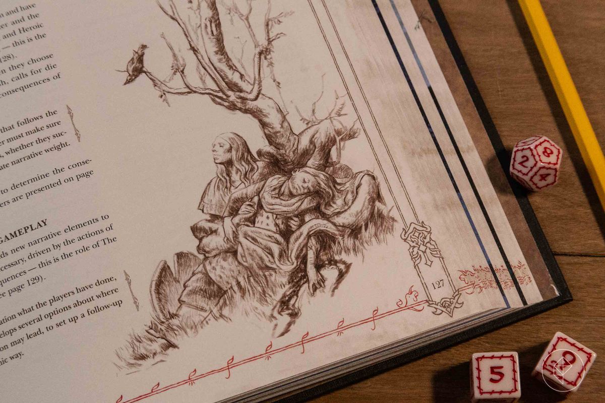 Un'illustrazione interna di un elfo che conforta un umano morente sotto un albero.
