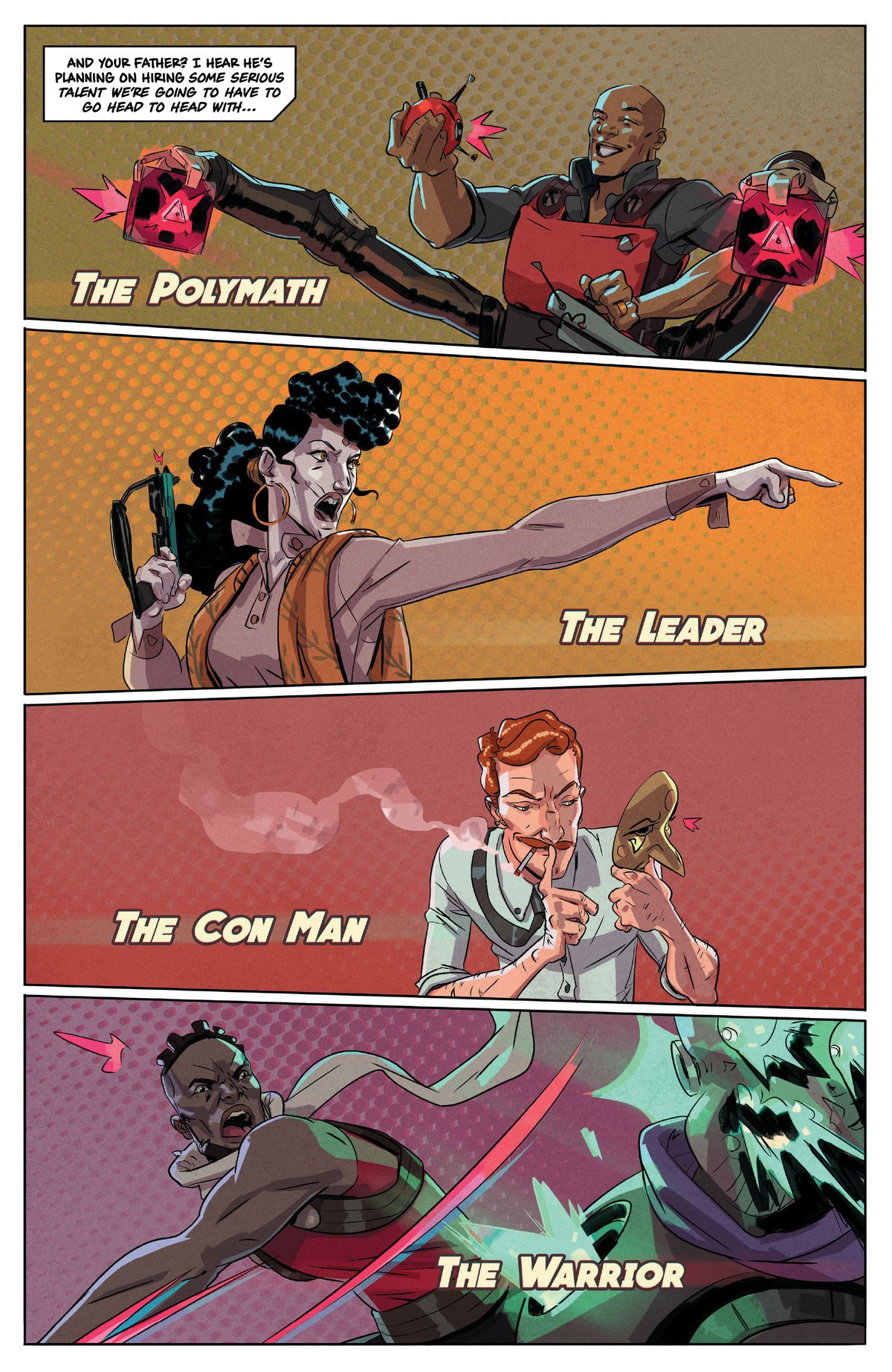 Una serie di pannelli raffigura immagini flash per Polymath, Leader, Con Man e Warrior in New Masters #1 (2022).