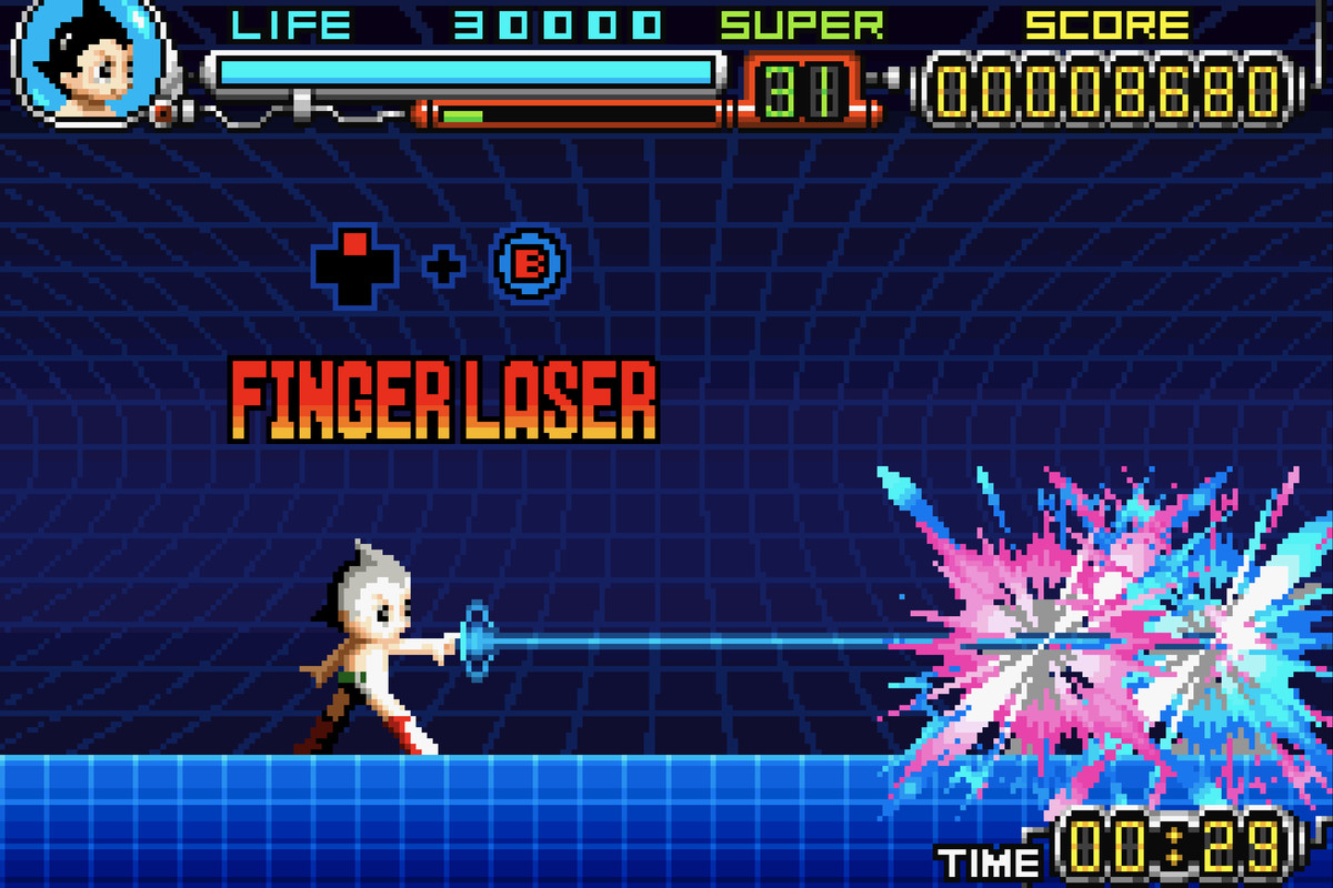 Astro Boy spara un laser contro i nemici in Astro Boy: Omega Factor