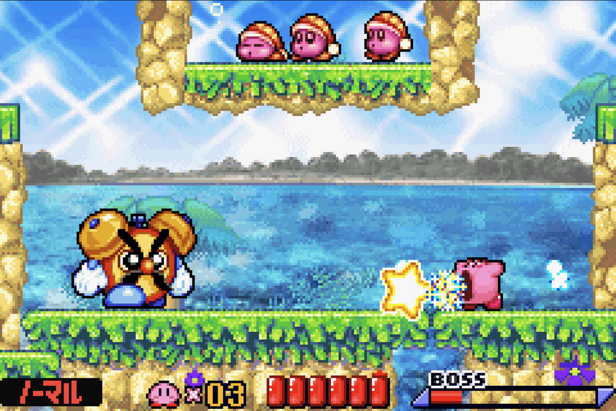 Kirby combatte contro un grande orologio in Nightmare in Dreamland