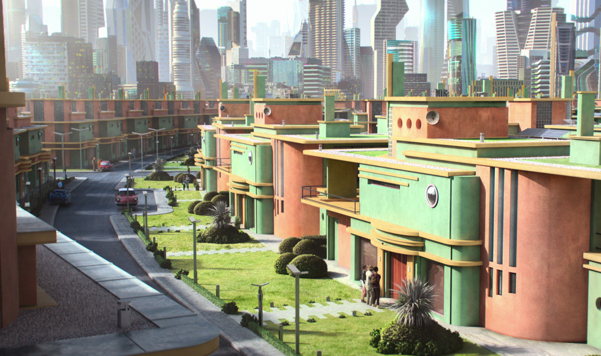 Una strada suburbana futuristica, con i grattacieli sullo sfondo