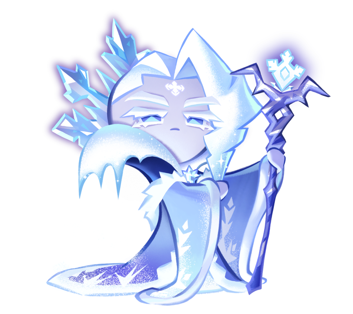 Frost Queen ti guarda dall'alto in basso con i suoi gelidi occhi azzurri.  brandisce un bastone e indossa un mantello fluente.  è stupenda. 