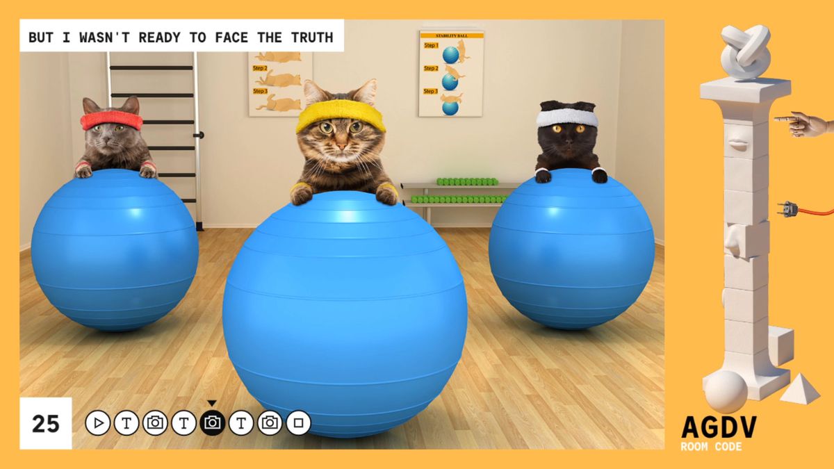 Punti di discussione - Una finta presentazione PowerPoint mostra tre gatti su palline da yoga con la didascalia 