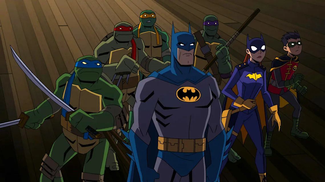 (LR) Leonardo, Raphael, Michelangelo, Donatello, Batman, Batgirl e Robin in Batman vs. Teenage Mutant Ninja Turtles.