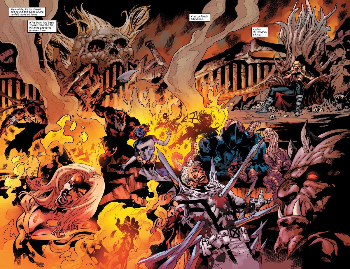 Un inferno pieno di fuochi sulfurei in cui tutti i personaggi degli X-Men sono eternamente torturati dai demoni con Sabretooth come il loro diavolo sul trono in Sabretooth #1 (2022).