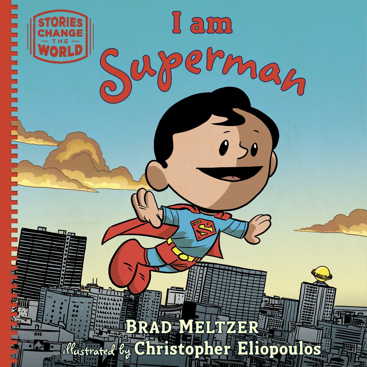 Un Superman proporzionato ai bambini vola sopra una città sulla copertina di I Am Superman. 