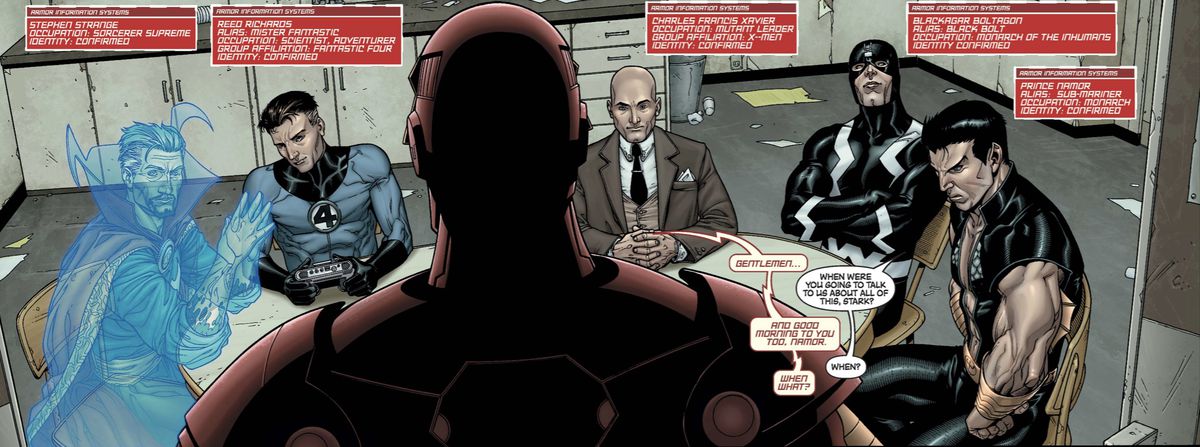 Doctor Strange, Mister Fantastic, Iron Man, il Professor Xavier, Black Bolt e Namor - gli Illuminati - siedono attorno a un tavolo in New Avengers #7 (2005).