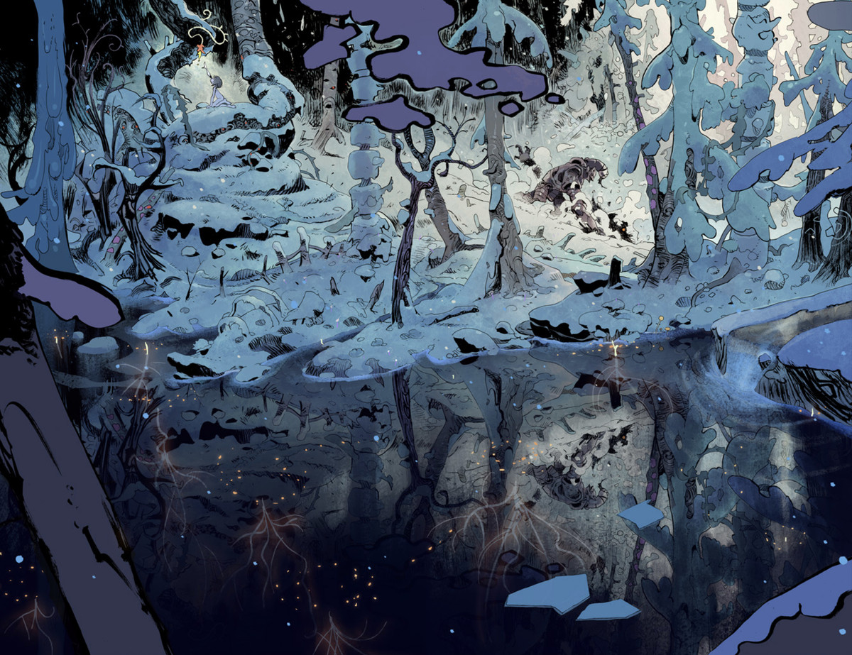 Un paesaggio boschivo innevato si riflette in uno stagno ghiacciato.  A sinistra, un piccolo bambino nudo raggiunge il caldo fiore luminoso di una pianta, a destra, in lontananza, una grande e temibile figura corazzata combatte sulla neve con un mostro peloso dagli occhi da bestia in Step by Bloody Step #1 (2022 ). 