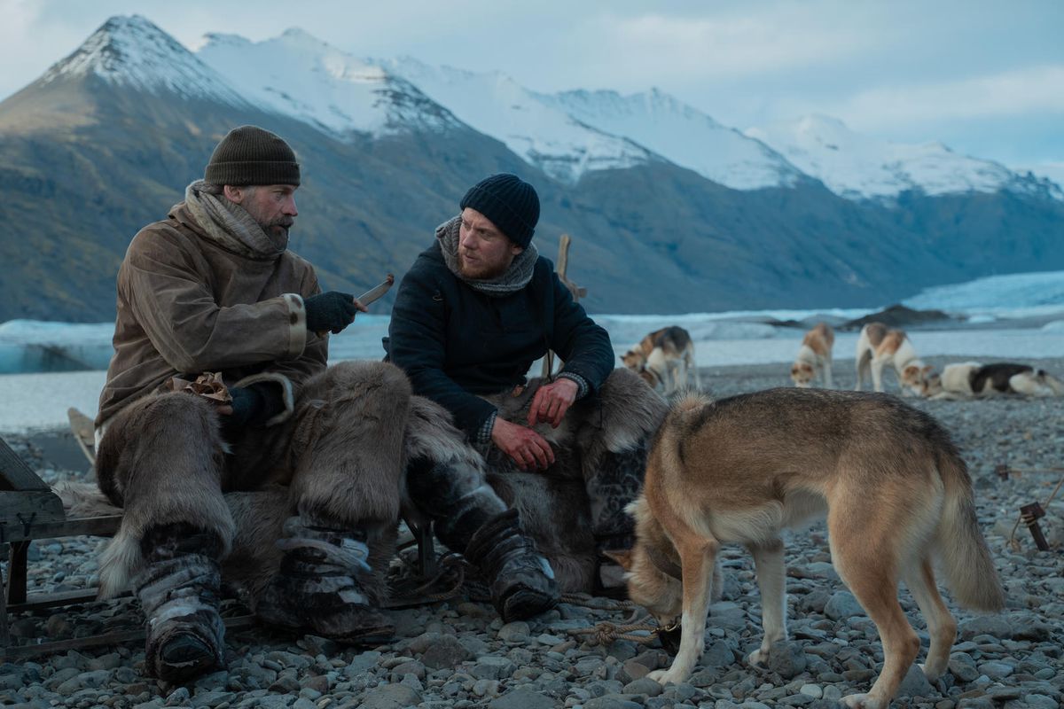 due uomini seduti su una fredda montagna, con un branco di cani intorno a loro 