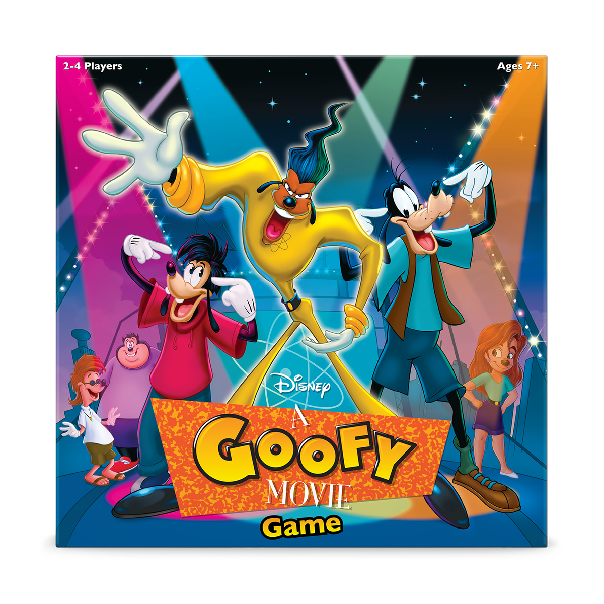 La parte anteriore del gioco da tavolo di A Goofy Movie include Max e Pippo in piedi con Powerline sul palco.