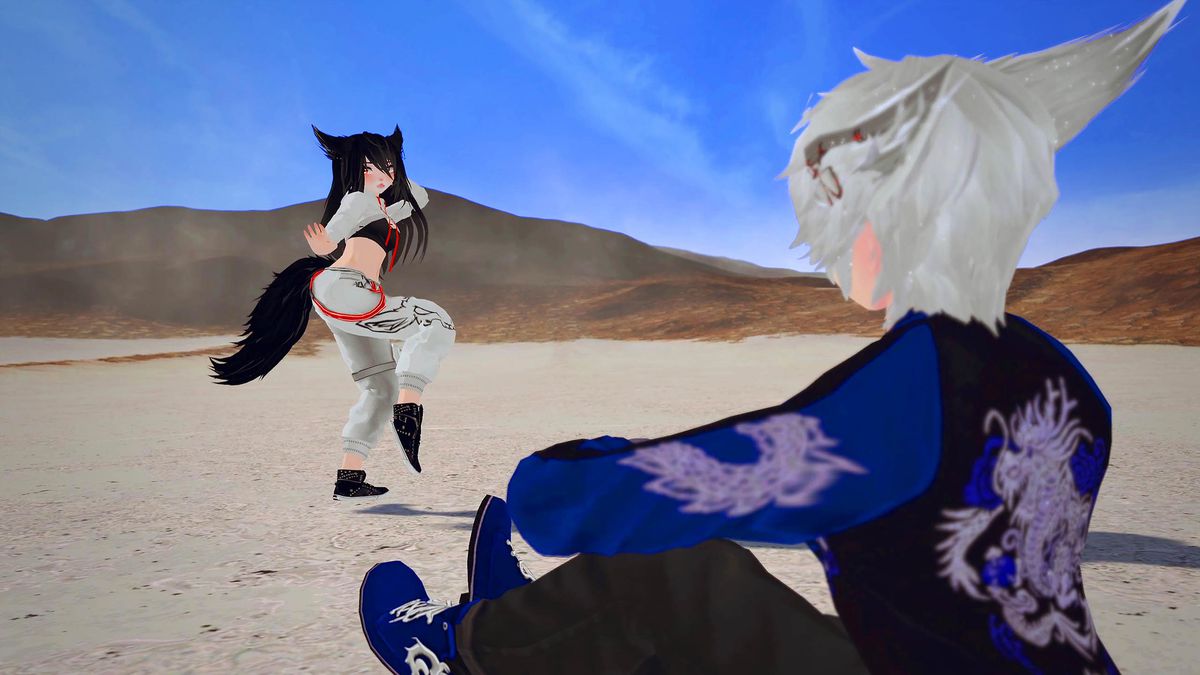Un avatar di catgirl virtuale in stile anime balla per il suo ragazzo gatto in un deserto in VRChat nel documentario We Met in Virtual Reality