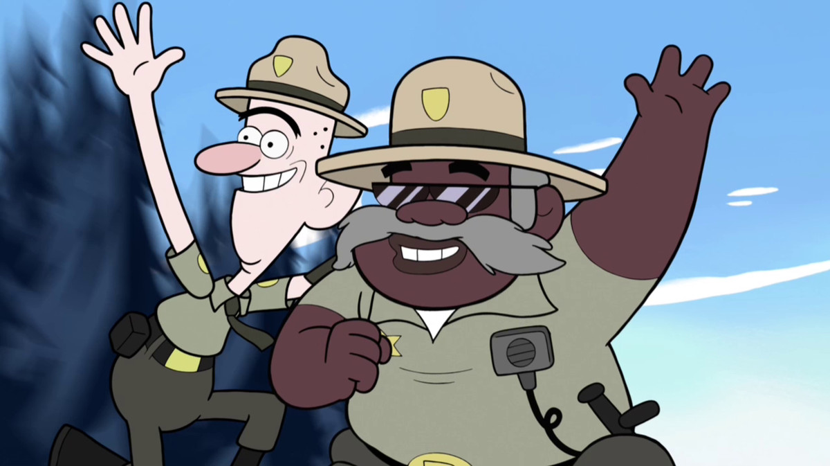 due poliziotti animati che lanciano eccitati le mani in aria
