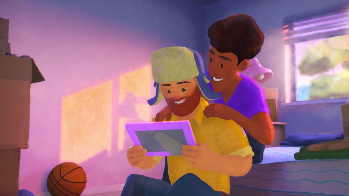 Un uomo bianco dalla barba rossa con un cappello di pelliccia con paraorecchie e un uomo dalla pelle scura con i capelli gonfi sorridono su un ritratto di se stessi insieme nel cortometraggio Pixar Out