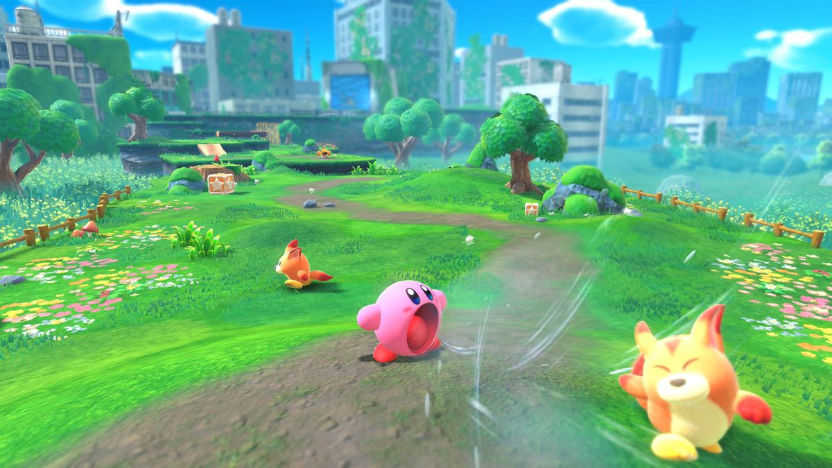 Kirby succhia una volpe in Kirby e la terra dimenticata