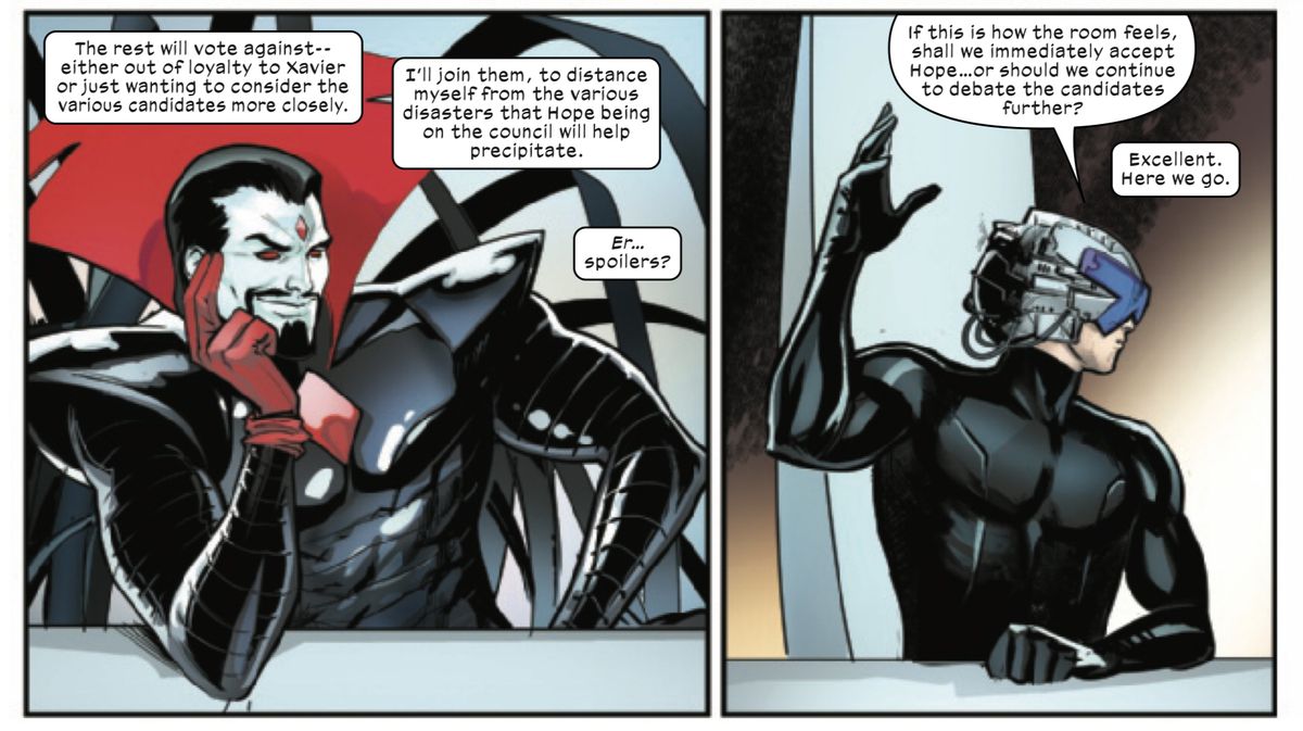 Mister Sinister siede compiaciuto al tavolo del Quiet Council pensando con compiacimento a come sappia più di tutti gli altri mentre il professor Xavier chiede un voto formale in Immortal X-Men # 1 (2022). 