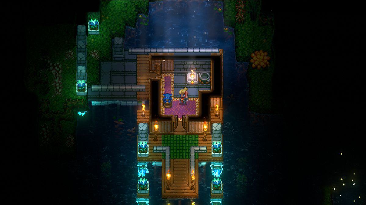 Un personaggio Core Keeper che costruisce la propria base, in cima a un fiume.