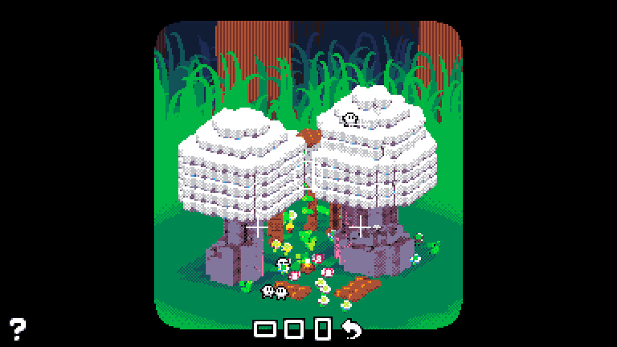 Due funghi pixelati collegati, con minuscoli sprite in piedi alla loro base