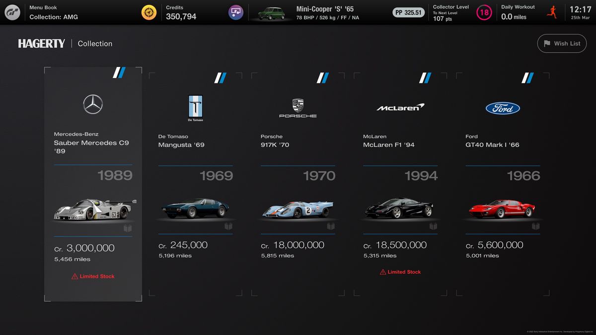 Listini prezzi per le auto in Gran Turismo 7, che vanno da 245.000 crediti a 18,5 milioni