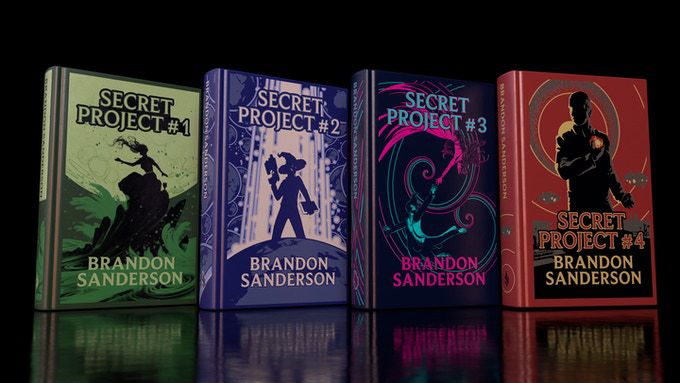 Immagini mockup di quattro libri di Brandon Sanderson, che saranno i premi di Kickstarter per aver sostenuto la campagna.