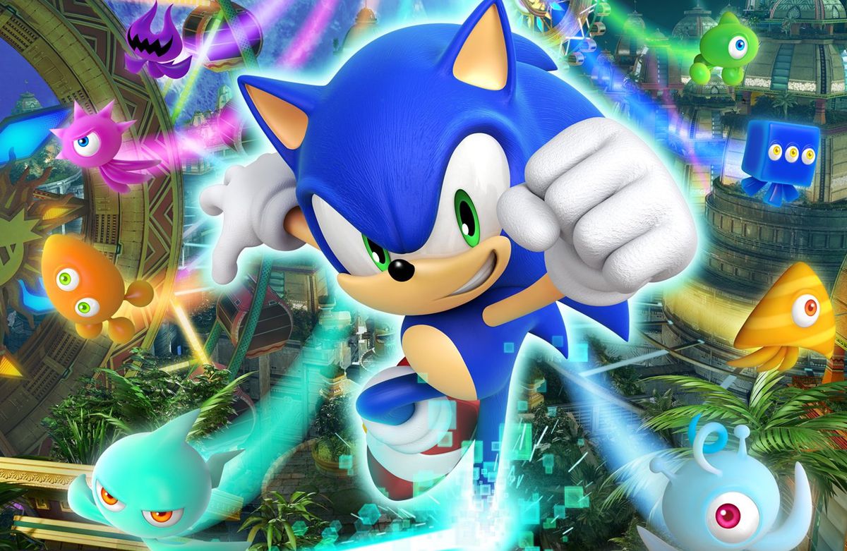 Grafica di Sonic the Hedgehog e una varietà di coloratissimi Wisps della box art di Sonic Colors