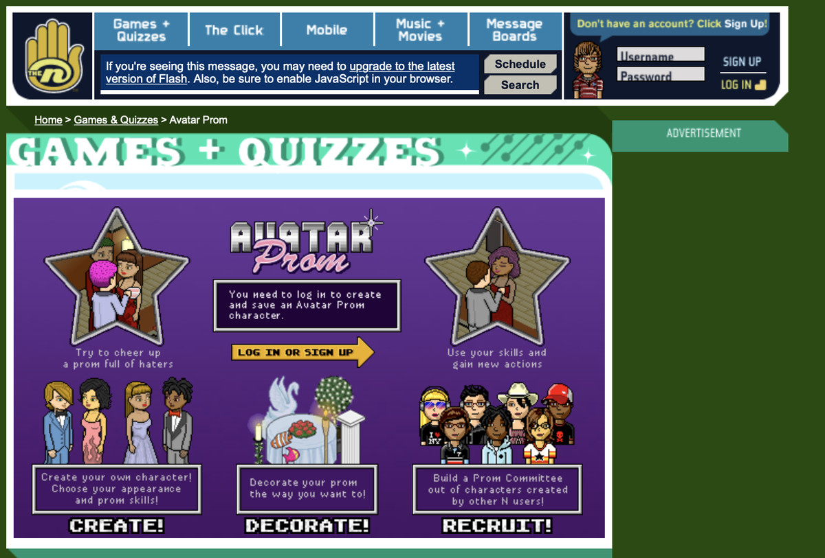 Uno screenshot dal sito web di The N, che mostra Avatar Prom
