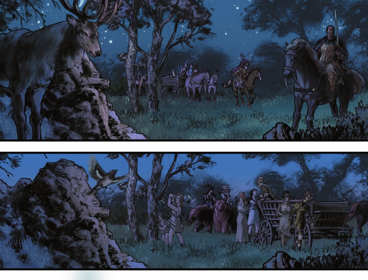 In un pannello, le amazzoni si accampano e vengono osservate da Artemide, mostrata come un cervo vicino e un affioramento roccioso che per caso ha la forma di una persona seduta con la testa di cervo.  Un pannello dopo, il cervo è scomparso e la roccia è solo una roccia in Wonder Woman Historia: The Amazons # 2 (2022). 