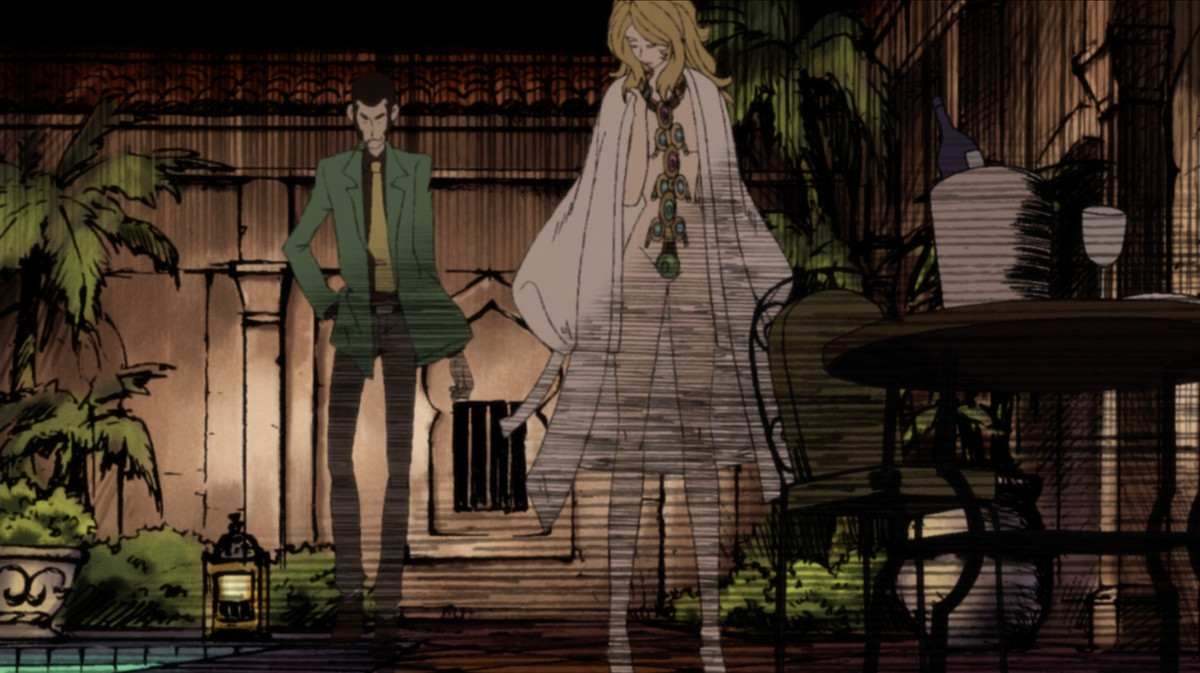 Fujiko si avvolge con una vestaglia mentre Lupin sta dietro di lei sorridendo e distogliendo lo sguardo