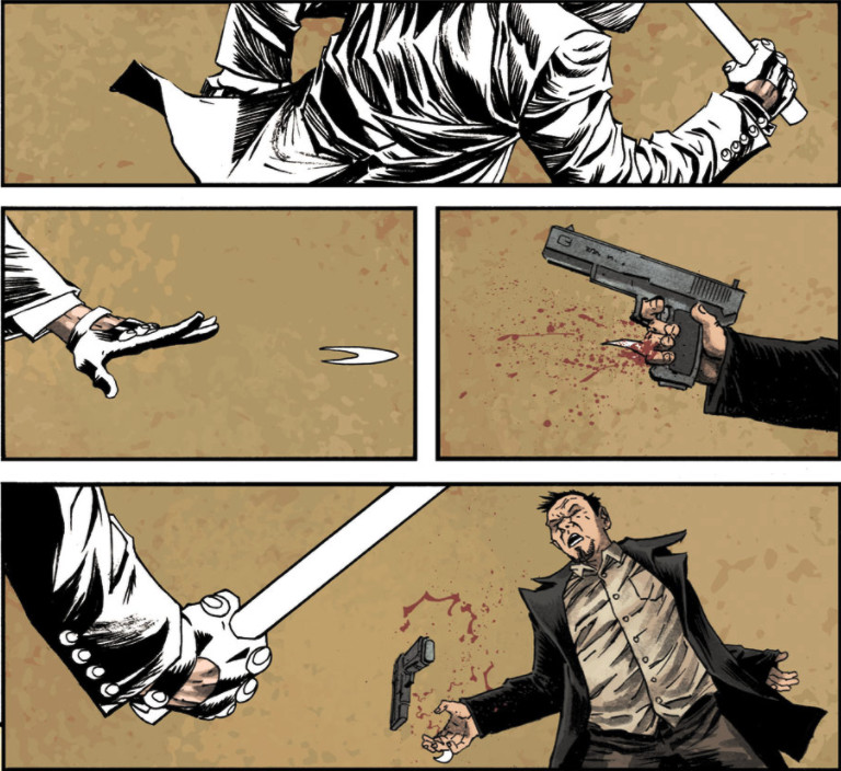 Mr. Knight inizia di corsa e lancia un dardo a mezzaluna contro un uomo armato in Moon Knight # 5 (Marvel Comics, 2014)