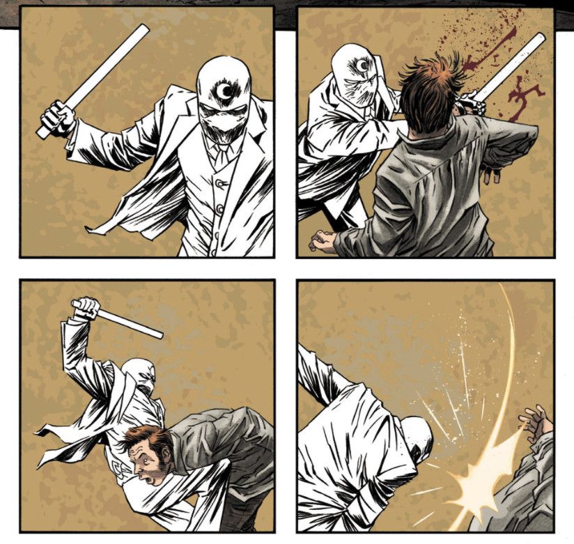 Mr. Knight distrugge un tizio su quattro pannelli in Moon Knight # 5 (Marvel Comics, 2014)