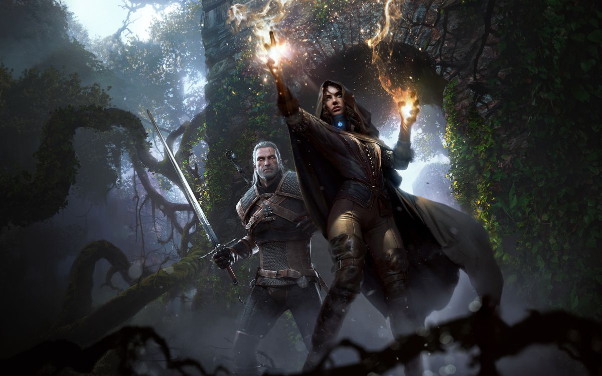 Yennefer lancia un incantesimo di fronte a Geralt nell'artwork di The Witcher 3