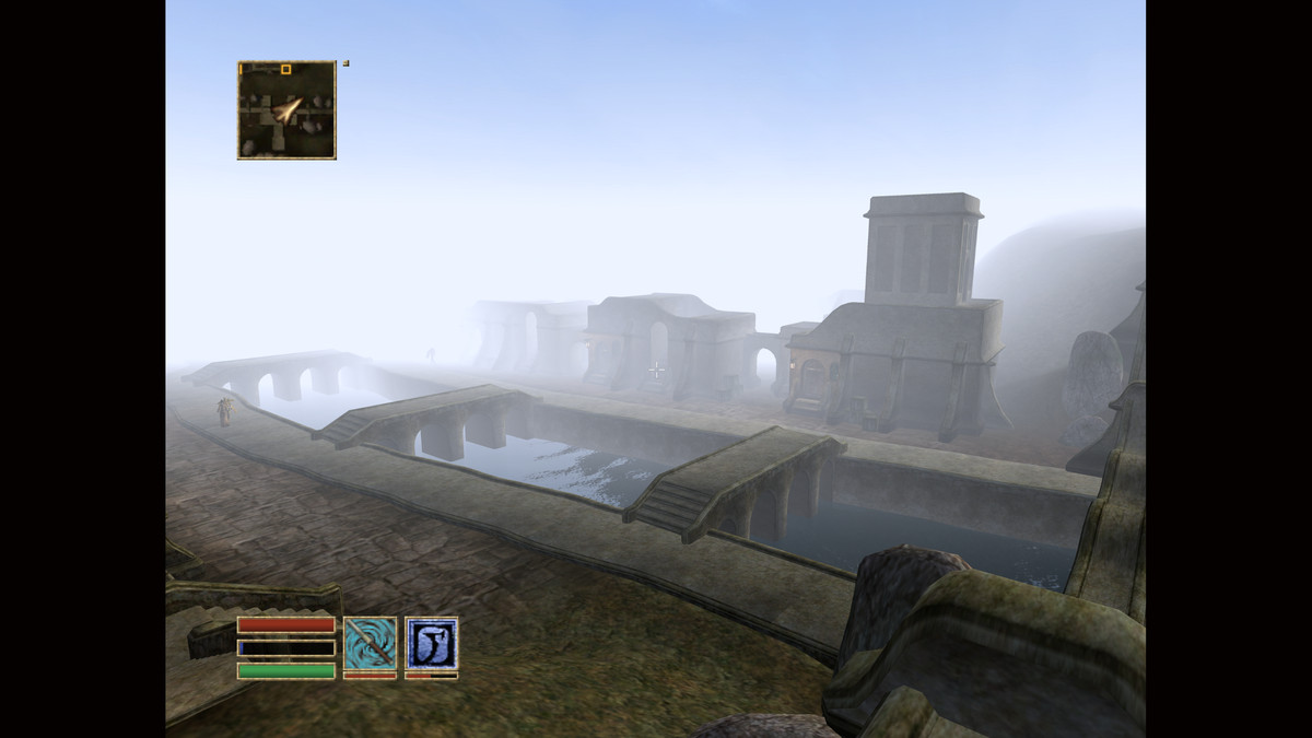 Una veduta aerea di un viadotto in The Elder Scrolls 3: Morrowind