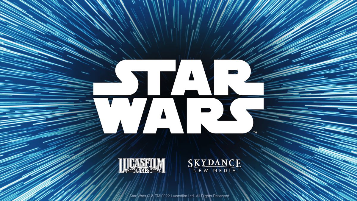 Il logo di Star Wars su uno sfondo iperspaziale con i loghi di Lucasfilm Games e Skydance New Media