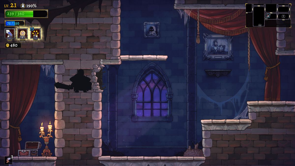 Schermata di Rogue Legacy 2 che mostra il giocatore, in silhouette, che entra in un'area segreta attraverso una crepa nel muro.