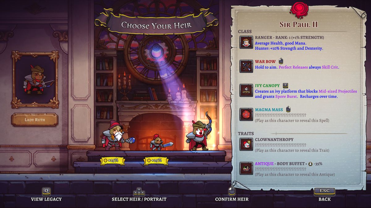 Schermata di Rogue Legacy 2 che mostra la schermata dell'erede con un elenco dei tratti di ciascun erede.