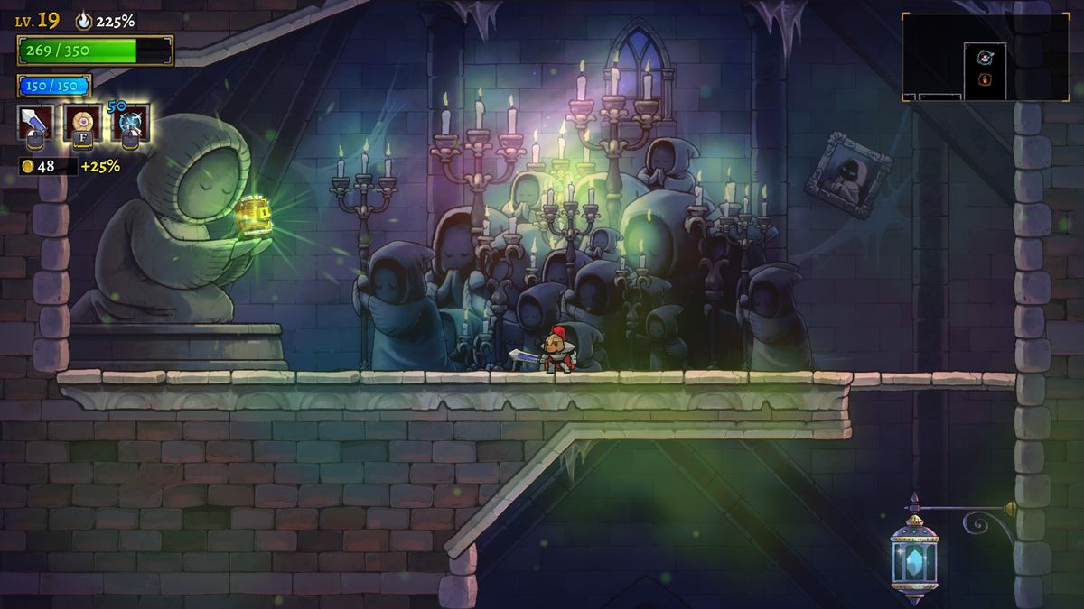 Schermata di Rogue Legacy 2 che mostra il giocatore che si avvicina a una statua in cui puoi iniziare la sfida del Tomo di Esopo