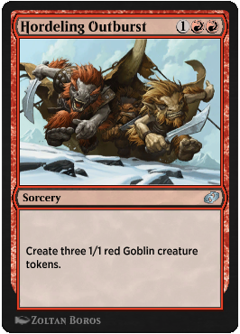 L'Esplosione dell'Orda crea tre pedine creatura Goblin 1/1 rosse usando mana rosso per lanciarla come una stregoneria.